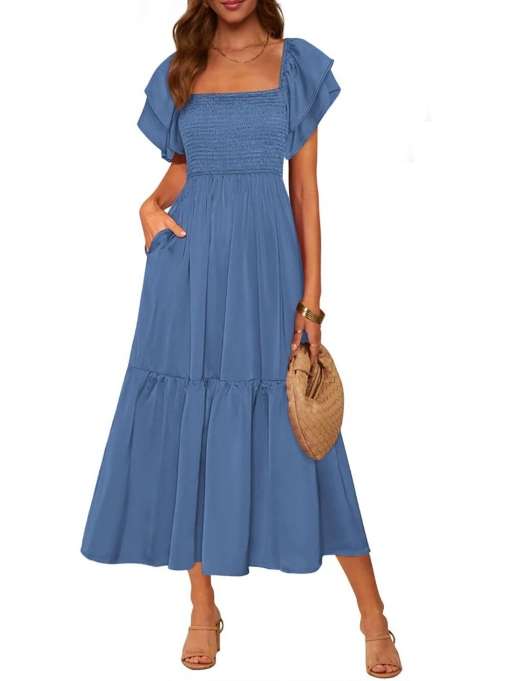 Summer Casual Smocked Flowy Midi Dress for Women - Perfect for Beach & Parties